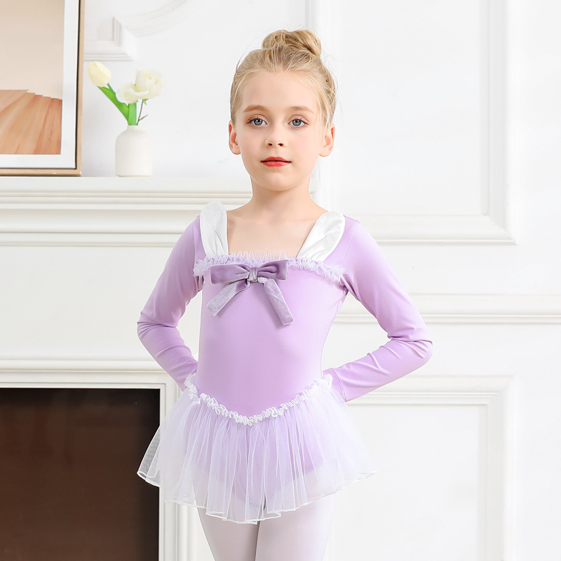 Beigeya costum de balet pentru fete, toamnă-iarna, fustă tutu cu iepuraș, mâneci lungi și scurte, funda, îmbrăcăminte de antrenament