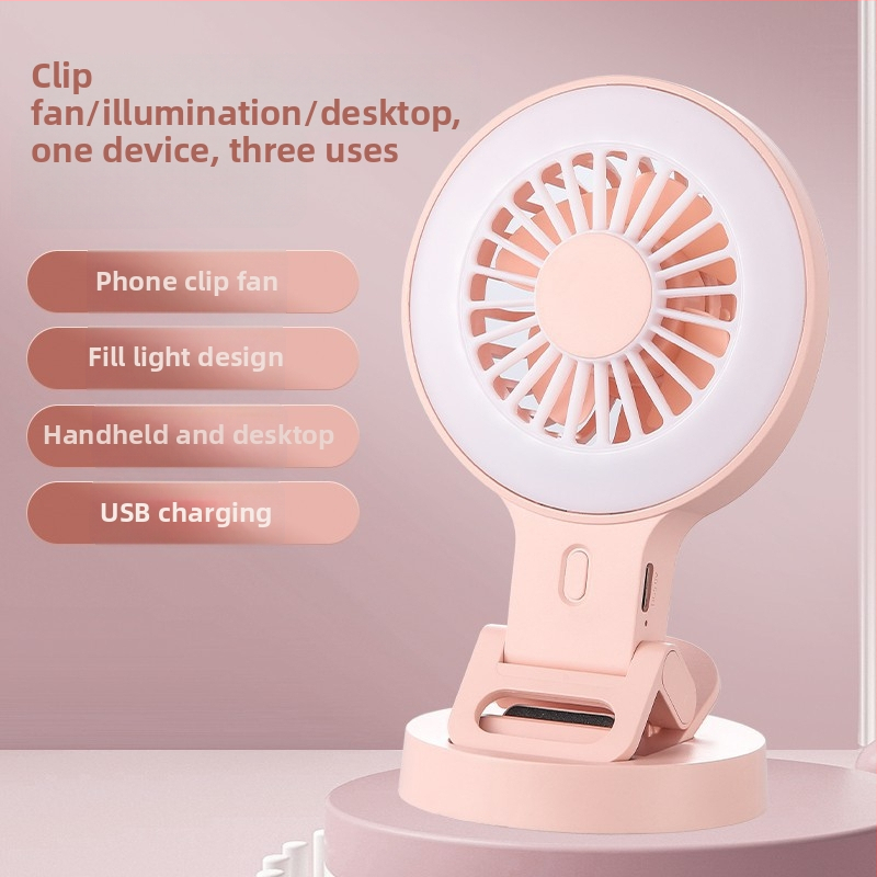Mini USB klip ventilátor s vstavaným svetlom pre selfie a základňou – na domáce aj vonkajšie použitie
