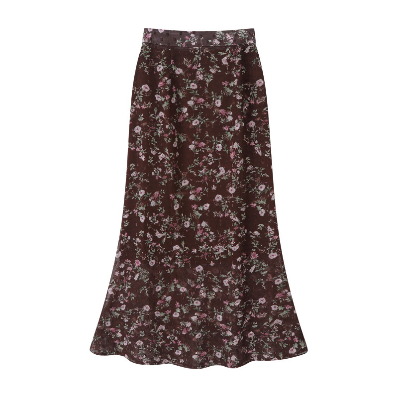 Γυναικεία μακριά φούστα chiffon με φλοράλ εκτύπωση και ουρά ψαριού, υφή υφάσματος για άνοιξη-καλοκαίρι