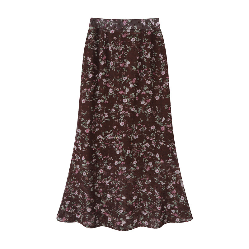 Γυναικεία μακριά φούστα chiffon με φλοράλ εκτύπωση και ουρά ψαριού, υφή υφάσματος για άνοιξη-καλοκαίρι