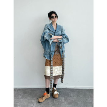 Γυναικεία φούστα midi σε καφέ απόχρωση, patchwork, draped, vintage στυλ, καθημερινή χρήση
