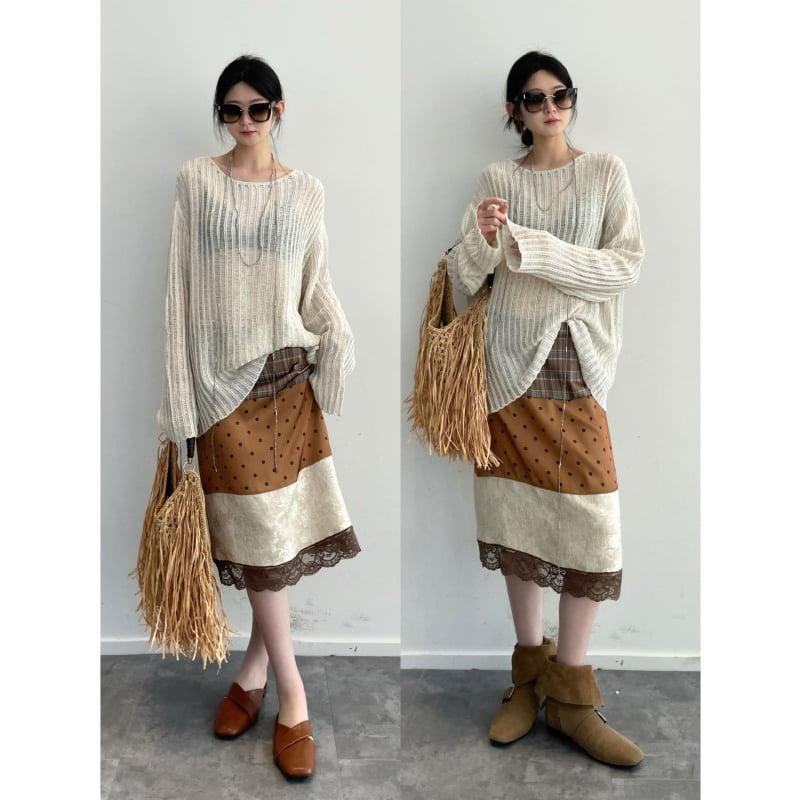 Γυναικεία φούστα midi σε καφέ απόχρωση, patchwork, draped, vintage στυλ, καθημερινή χρήση