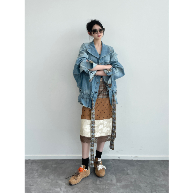 Γυναικεία φούστα midi σε καφέ απόχρωση, patchwork, draped, vintage στυλ, καθημερινή χρήση