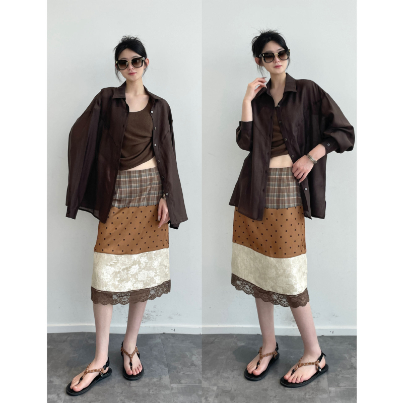 Γυναικεία φούστα midi σε καφέ απόχρωση, patchwork, draped, vintage στυλ, καθημερινή χρήση