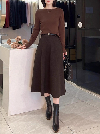Γυναικεία φούστα καφέ casual μόδας, ψηλή μέση, Α-γραμμή ομπρέλα, midi με πλισέ, φθινοπωρινό-χειμερινό.