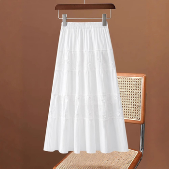 Λευκή φούστα chiffon για γυναίκες, καλοκαίρι, ελαφρύς σχεδιασμός, ελαστική υψηλή μέση με πιέτες σε Α-γραμμή, δαντελωτό πάνελ, φούστα τύπου ομπρέλα