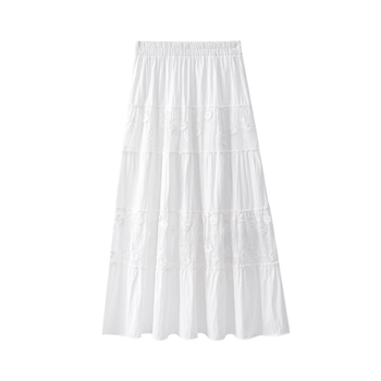Λευκή φούστα chiffon για γυναίκες, καλοκαίρι, ελαφρύς σχεδιασμός, ελαστική υψηλή μέση με πιέτες σε Α-γραμμή, δαντελωτό πάνελ, φούστα τύπου ομπρέλα