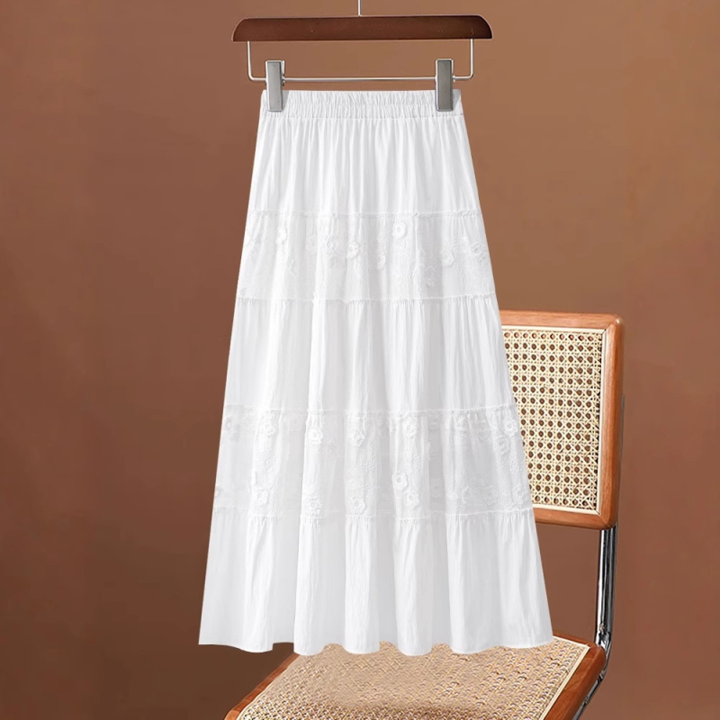 Λευκή φούστα chiffon για γυναίκες, καλοκαίρι, ελαφρύς σχεδιασμός, ελαστική υψηλή μέση με πιέτες σε Α-γραμμή, δαντελωτό πάνελ, φούστα τύπου ομπρέλα