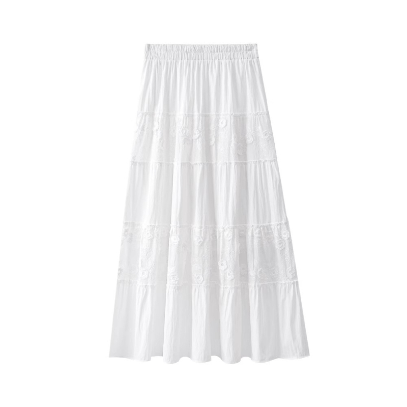 Λευκή φούστα chiffon για γυναίκες, καλοκαίρι, ελαφρύς σχεδιασμός, ελαστική υψηλή μέση με πιέτες σε Α-γραμμή, δαντελωτό πάνελ, φούστα τύπου ομπρέλα