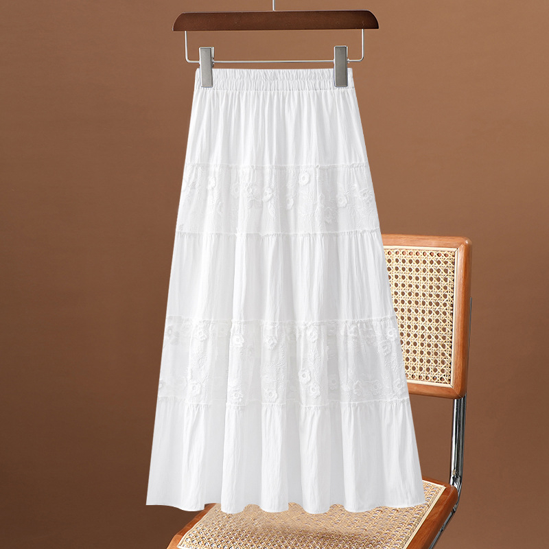Λευκή φούστα chiffon για γυναίκες, καλοκαίρι, ελαφρύς σχεδιασμός, ελαστική υψηλή μέση με πιέτες σε Α-γραμμή, δαντελωτό πάνελ, φούστα τύπου ομπρέλα