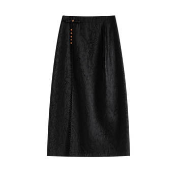 Μαύρη φούστα μίντι με ψηλή μέση και σχίσιμο για γυναίκες, κινεζικού στυλ, καλοκαίρι 2026