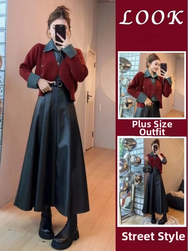 Červený pletený sveter a dvojdielny set s sukňou a koženou sukňou