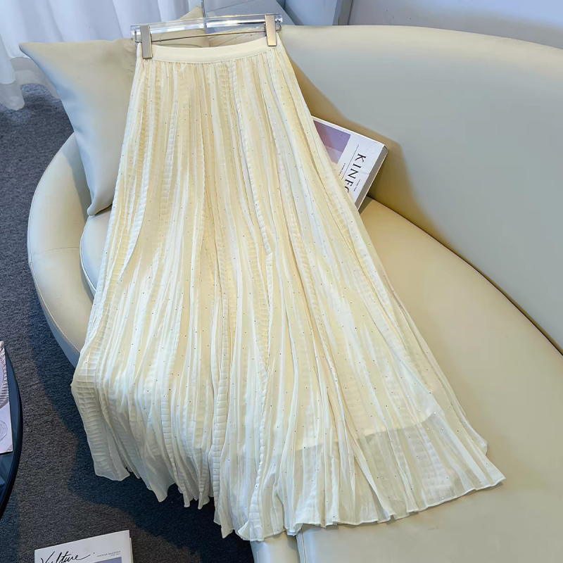 Φούστα chiffon με πιέτες και στράς για γυναίκες, άνοιξη-καλοκαίρι 2026, αιθέριος και ρέουλος, Α-γραμμής στυλ νεράϊδας