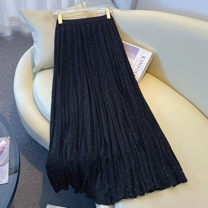 Φούστα chiffon με πιέτες και στράς για γυναίκες, άνοιξη-καλοκαίρι 2026, αιθέριος και ρέουλος, Α-γραμμής στυλ νεράϊδας