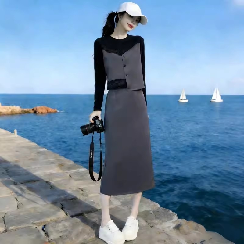 Γυναικείο ανοιξιάτικο σετ: τοπ και φούστα σε χρωματικό μπλοκ, από βαμβακομίγμα