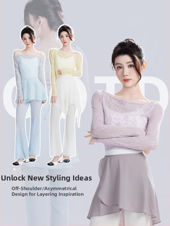 Dámsky baletný top z čipky s dlhými rukávmi a výstrihom do lode, pre klasické tancovanie