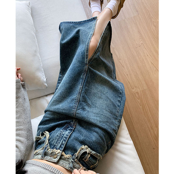 Γυναικεία φούστα denim με ψηλή μέση και σχίσιμο, midi μήκος, 2024 νέο για άνοιξη-φθινόπωρο, Α-γραμμή, ρετρό στυλ, τριμμένα άκρα