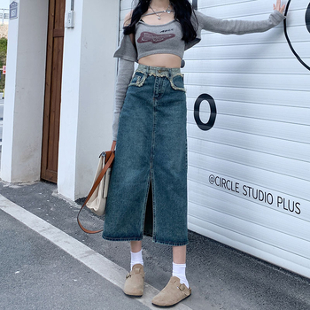 Γυναικεία φούστα denim με ψηλή μέση και σχίσιμο, midi μήκος, 2024 νέο για άνοιξη-φθινόπωρο, Α-γραμμή, ρετρό στυλ, τριμμένα άκρα