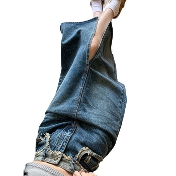 Γυναικεία φούστα denim με ψηλή μέση και σχίσιμο, midi μήκος, 2024 νέο για άνοιξη-φθινόπωρο, Α-γραμμή, ρετρό στυλ, τριμμένα άκρα