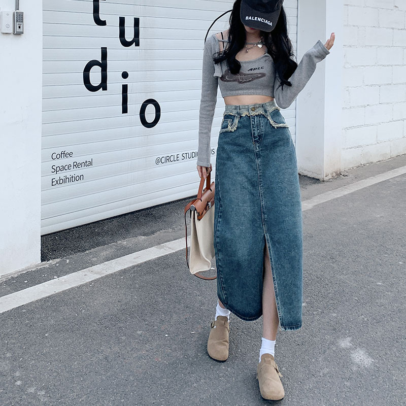 Γυναικεία φούστα denim με ψηλή μέση και σχίσιμο, midi μήκος, 2024 νέο για άνοιξη-φθινόπωρο, Α-γραμμή, ρετρό στυλ, τριμμένα άκρα