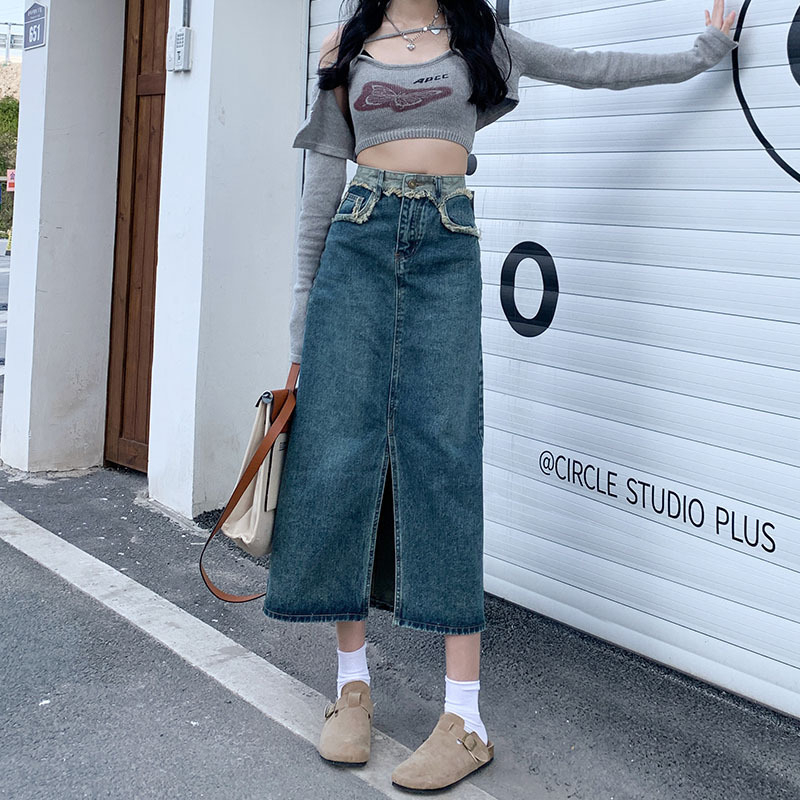 Γυναικεία φούστα denim με ψηλή μέση και σχίσιμο, midi μήκος, 2024 νέο για άνοιξη-φθινόπωρο, Α-γραμμή, ρετρό στυλ, τριμμένα άκρα