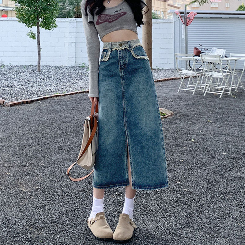 Γυναικεία φούστα denim με ψηλή μέση και σχίσιμο, midi μήκος, 2024 νέο για άνοιξη-φθινόπωρο, Α-γραμμή, ρετρό στυλ, τριμμένα άκρα