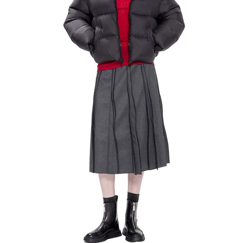 2026 Νέα γκρι πλισέ φούστα midi σε street style για γυναίκες, γραμμής Α