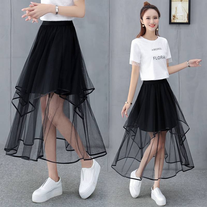 Δίκτυωτή φούστα με ασύμμετρες στρώσεις, cake skirt στυλ, μεσαίου μήκους, υψηλή μέση, Α-γραμμή