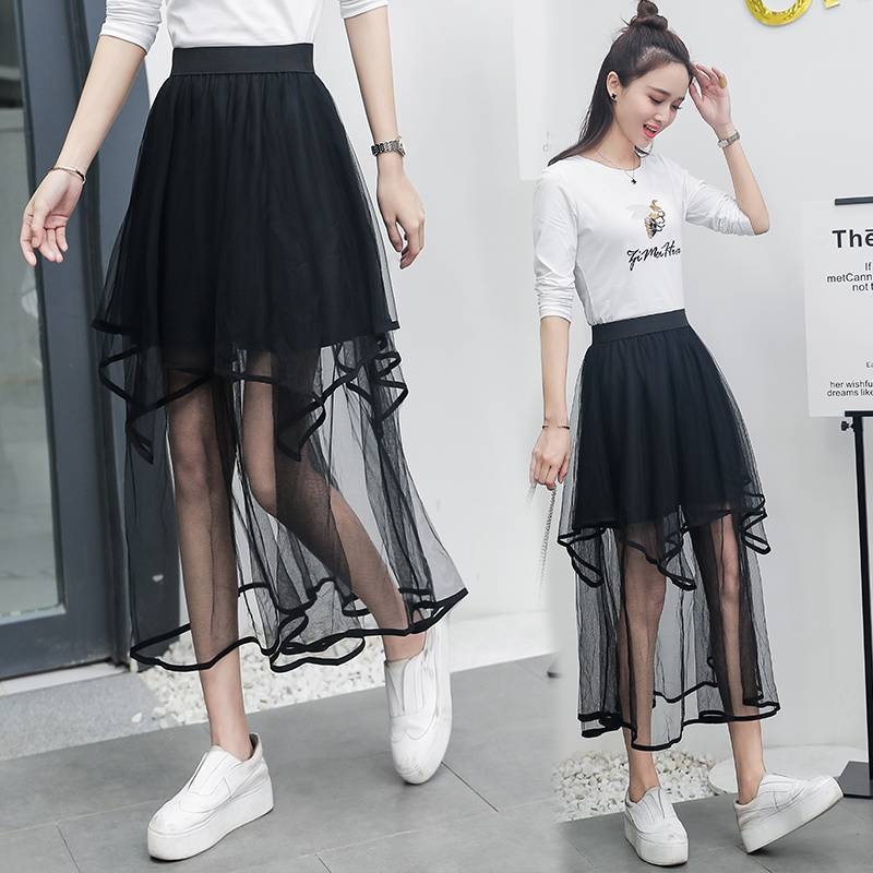 Δίκτυωτή φούστα με ασύμμετρες στρώσεις, cake skirt στυλ, μεσαίου μήκους, υψηλή μέση, Α-γραμμή
