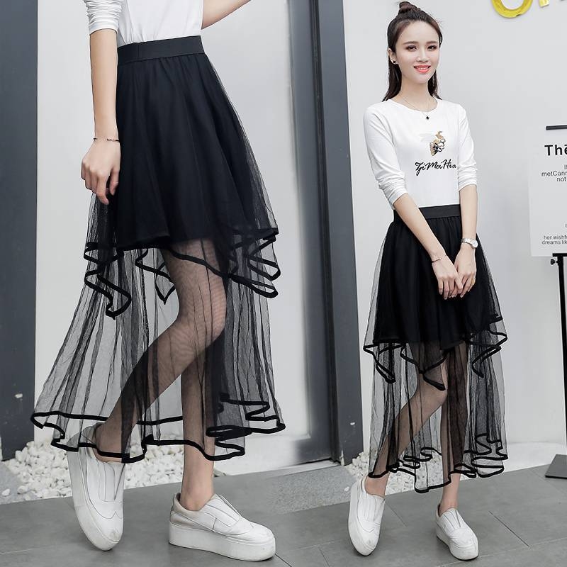 Δίκτυωτή φούστα με ασύμμετρες στρώσεις, cake skirt στυλ, μεσαίου μήκους, υψηλή μέση, Α-γραμμή