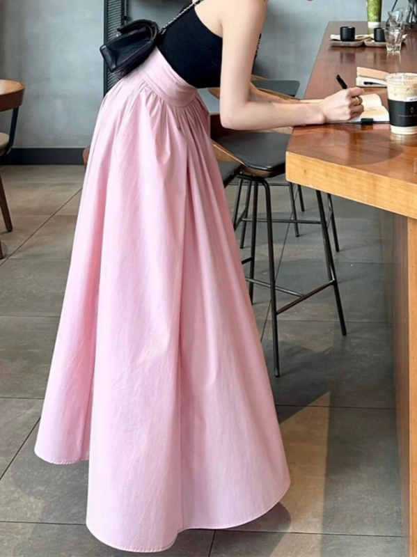 Ροζ φλαντζέ γαλλικού στυλ lazy chic με υψηλή ζώνη, midi μήκος, καλοκαιρινή φούστα με φουσκωμένο σχήμα και καλλιτεχνικές λεπτομέρειες – κομψή φούστα-ομπρέλα