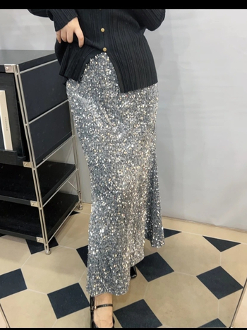 Fustă midi cu paiete, culoare solidă, talie înaltă, design sofisticat, talie elastică