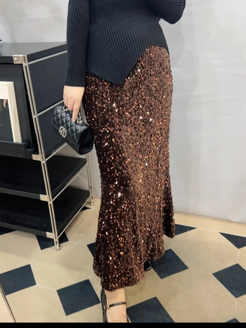 Fustă midi cu paiete, culoare solidă, talie înaltă, design sofisticat, talie elastică