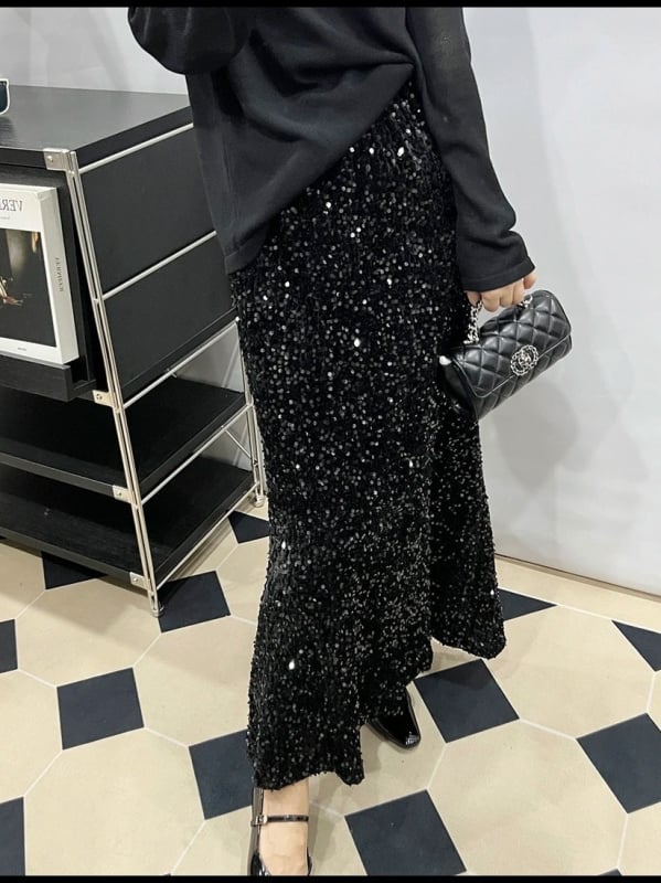 Fustă midi cu paiete, culoare solidă, talie înaltă, design sofisticat, talie elastică