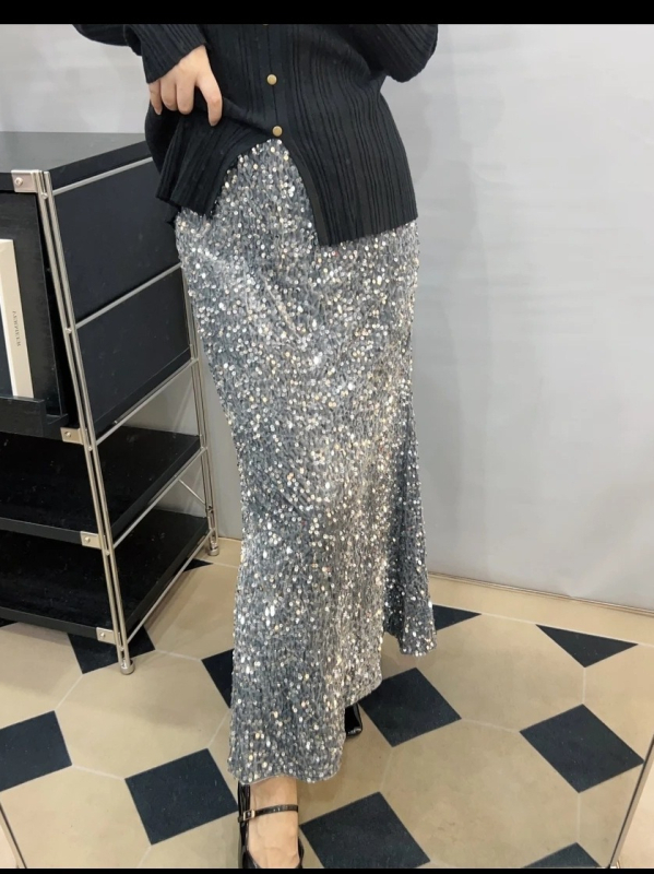 Fustă midi cu paiete, culoare solidă, talie înaltă, design sofisticat, talie elastică