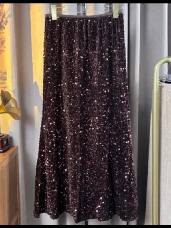 Fustă midi cu paiete, culoare solidă, talie înaltă, design sofisticat, talie elastică