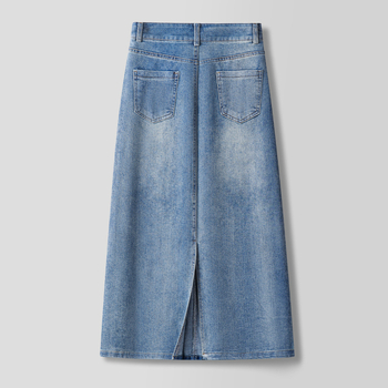 Fustă din denim brodată cu flori, talie înaltă, croială Slim, lungime medie, croială dreaptă