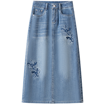Fustă din denim brodată cu flori, talie înaltă, croială Slim, lungime medie, croială dreaptă