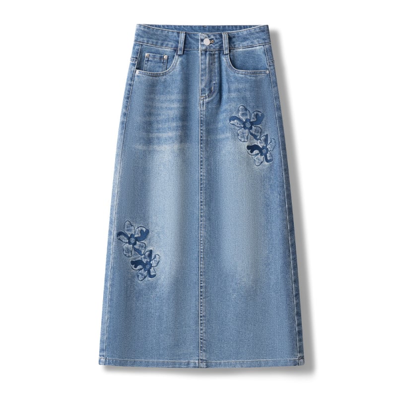 Fustă din denim brodată cu flori, talie înaltă, croială Slim, lungime medie, croială dreaptă