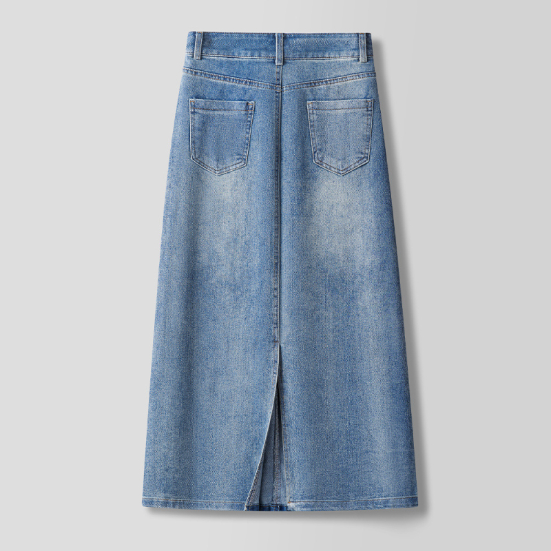 Fustă din denim brodată cu flori, talie înaltă, croială Slim, lungime medie, croială dreaptă