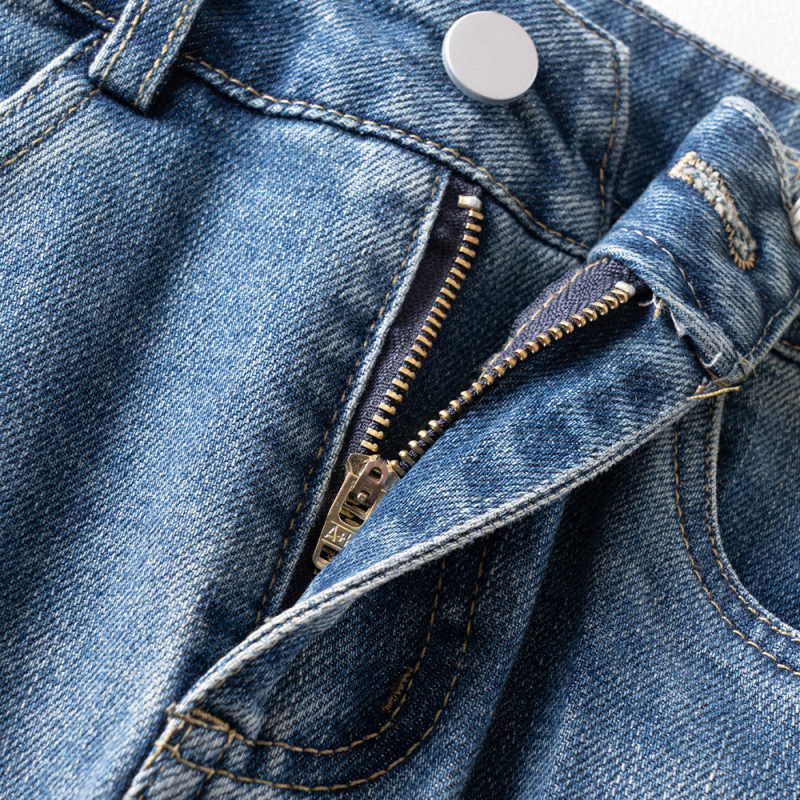 Fustă din denim brodată cu flori, talie înaltă, croială Slim, lungime medie, croială dreaptă