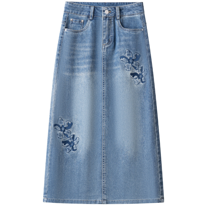 Fustă din denim brodată cu flori, talie înaltă, croială Slim, lungime medie, croială dreaptă