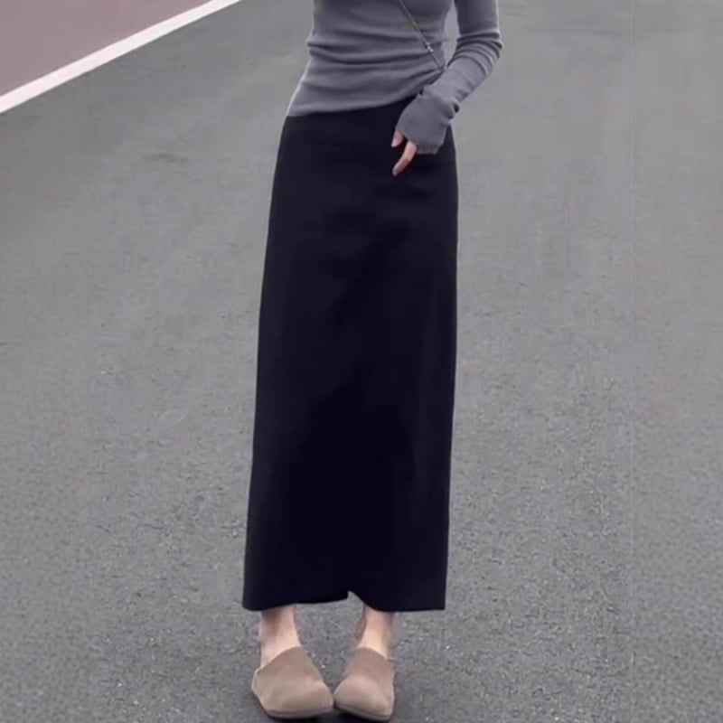 Fustă neagră în stil costum, minimalistă, pentru femei, cu deschidere (slit), croi drept, lungă, toamnă, elegantă și versatilă