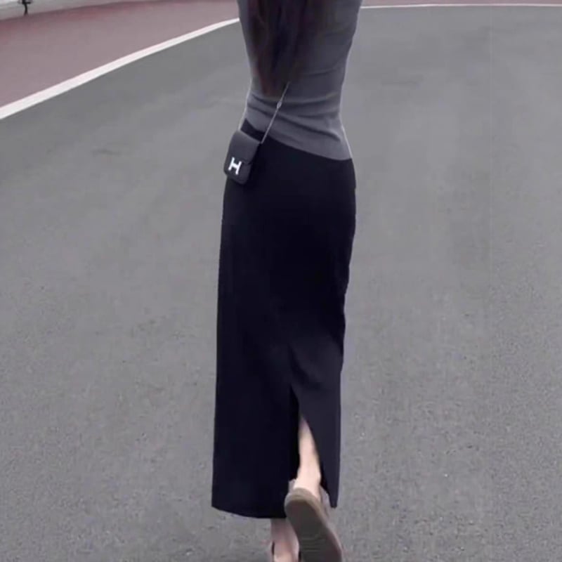 Fustă neagră în stil costum, minimalistă, pentru femei, cu deschidere (slit), croi drept, lungă, toamnă, elegantă și versatilă
