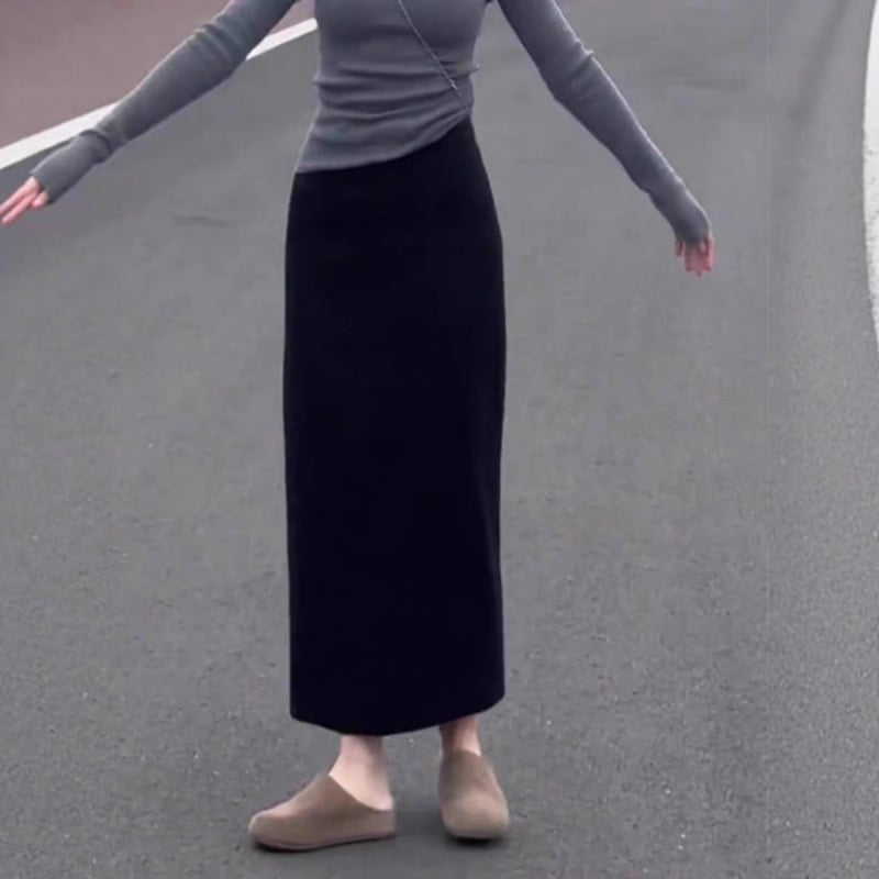 Fustă neagră în stil costum, minimalistă, pentru femei, cu deschidere (slit), croi drept, lungă, toamnă, elegantă și versatilă