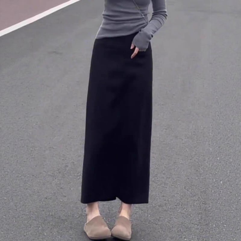 Fustă neagră în stil costum, minimalistă, pentru femei, cu deschidere (slit), croi drept, lungă, toamnă, elegantă și versatilă