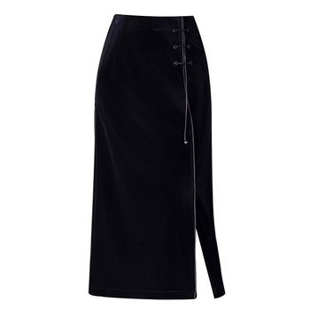 Fustă midi din velur, stil chinezesc, elegantă, talie înaltă și despicătură laterală