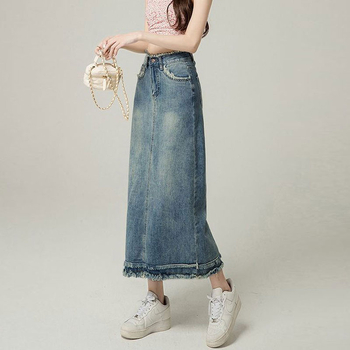 Fustă din denim pentru femei, margini uzate, talie înaltă, croială A-line, lungime midi, stil vintage