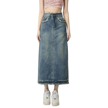 Fustă din denim pentru femei, margini uzate, talie înaltă, croială A-line, lungime midi, stil vintage