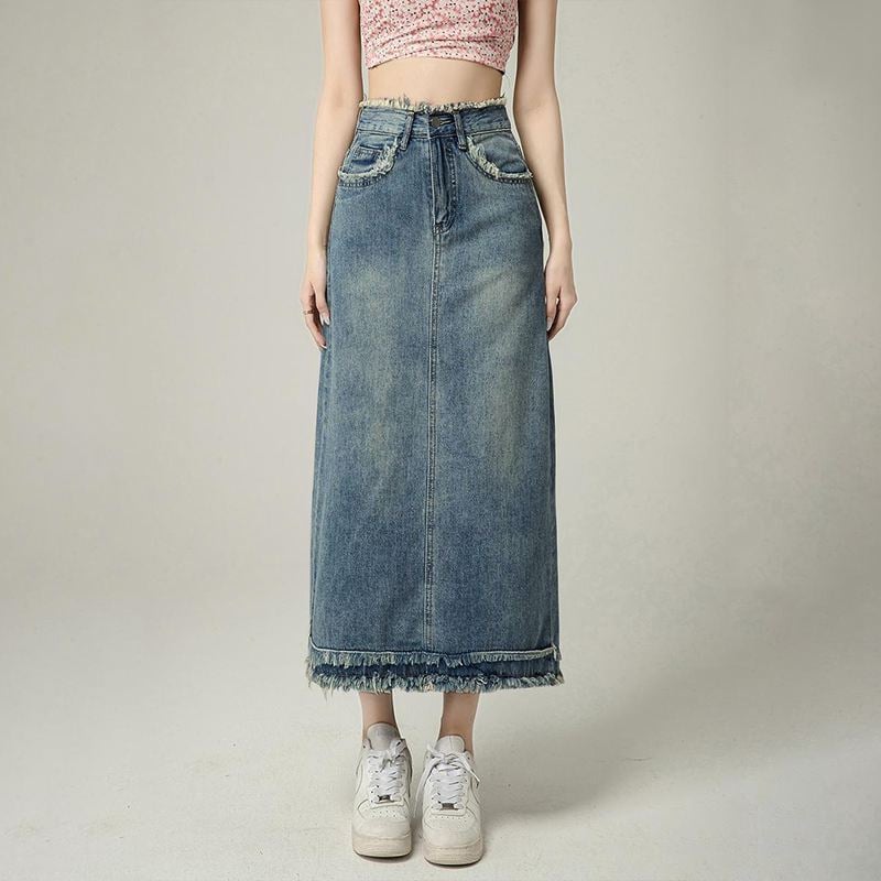 Fustă din denim pentru femei, margini uzate, talie înaltă, croială A-line, lungime midi, stil vintage
